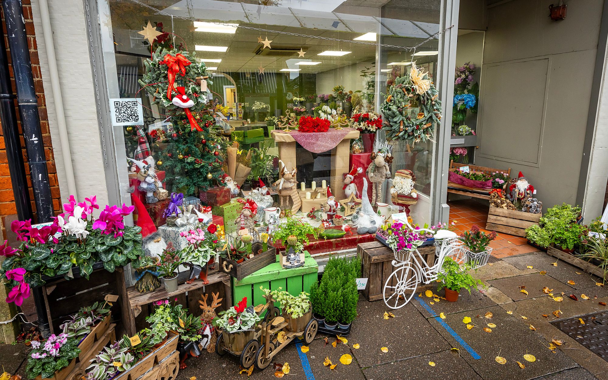 Christmas window display of The Flower Corner