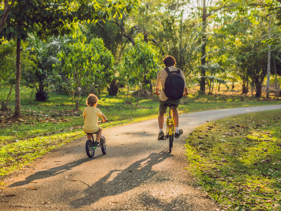 A parent and child cycling together through a wooded area at dusk