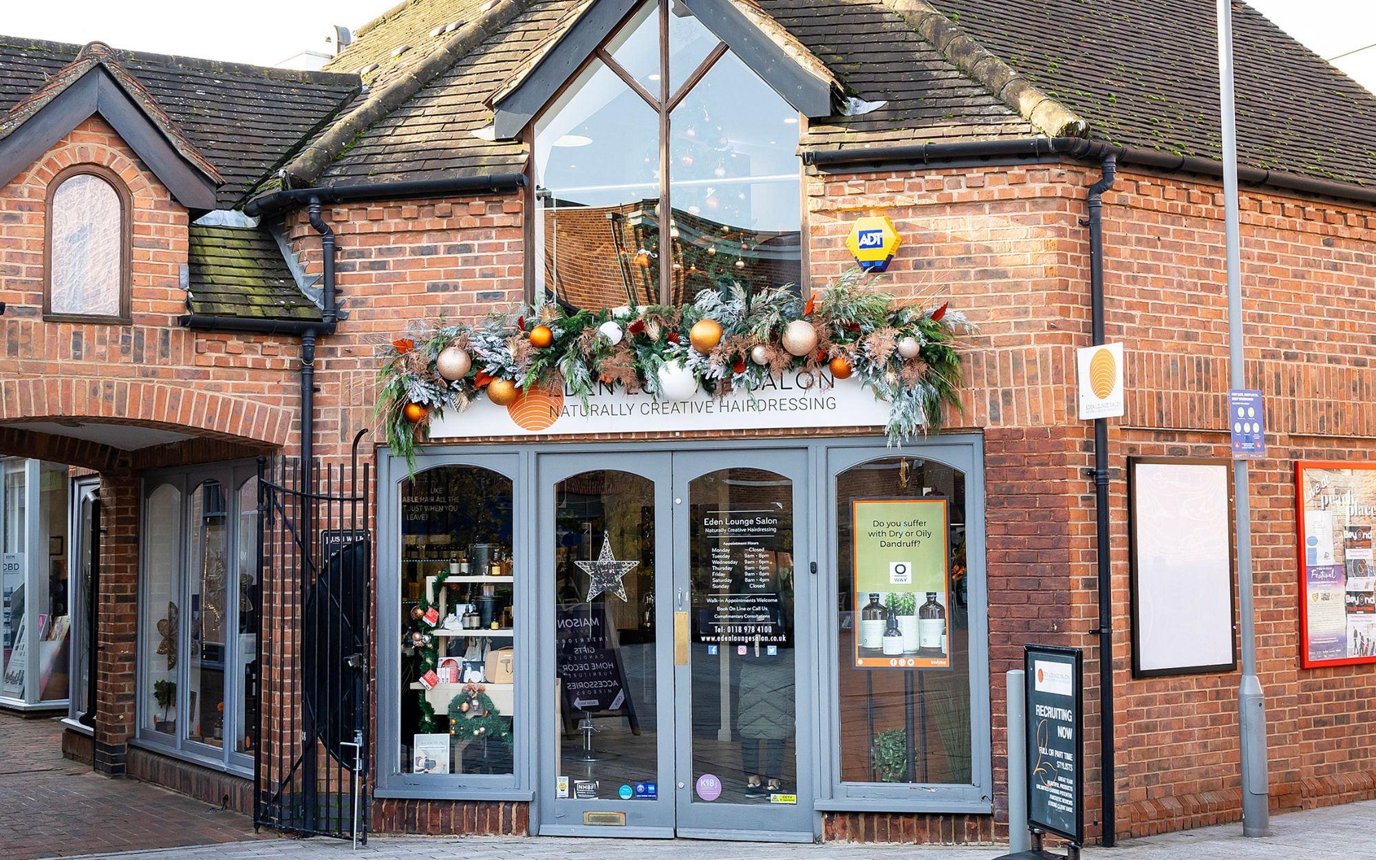 Christmas window display of Eden Lounge Salon