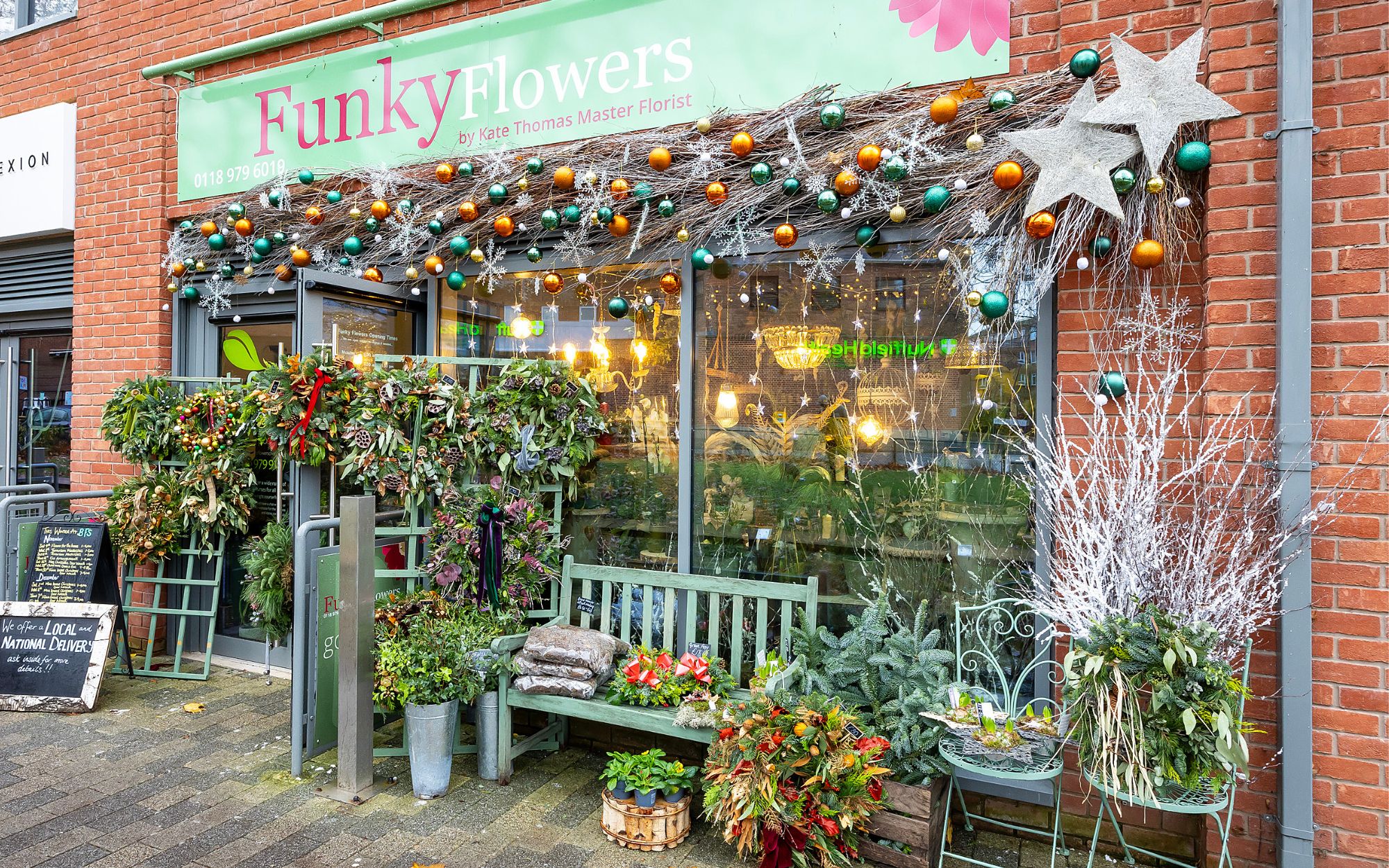 Christmas window display of Funky Flowers