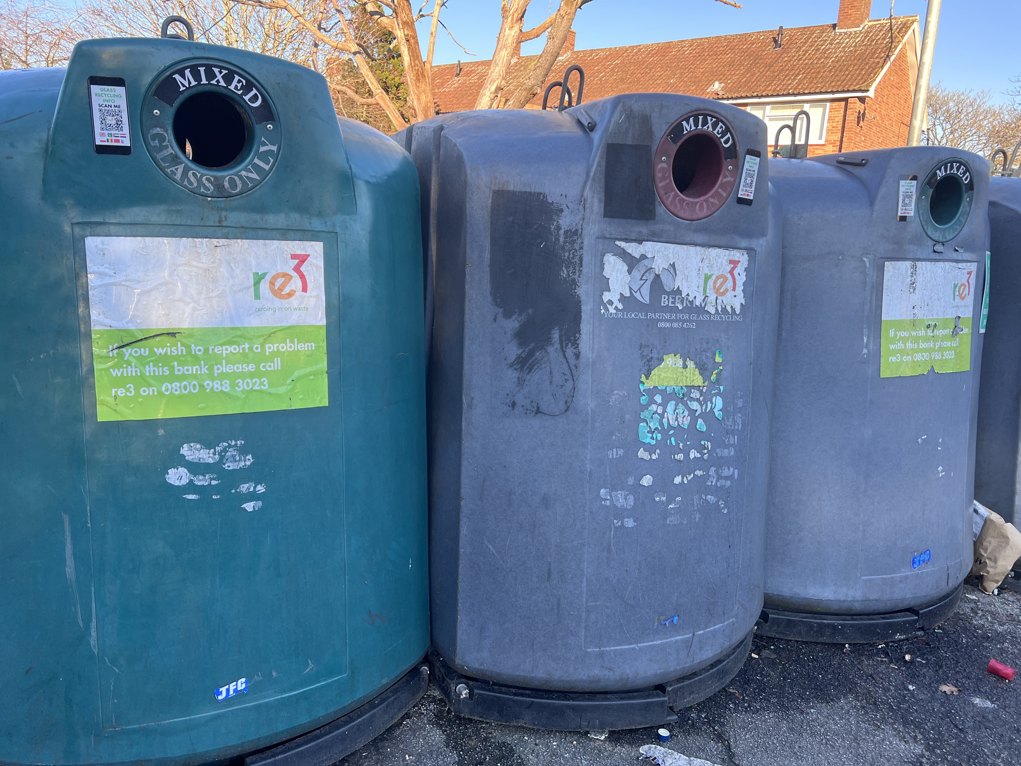 a photo of three of the containers you put glass into for recycling in Wokingham borough