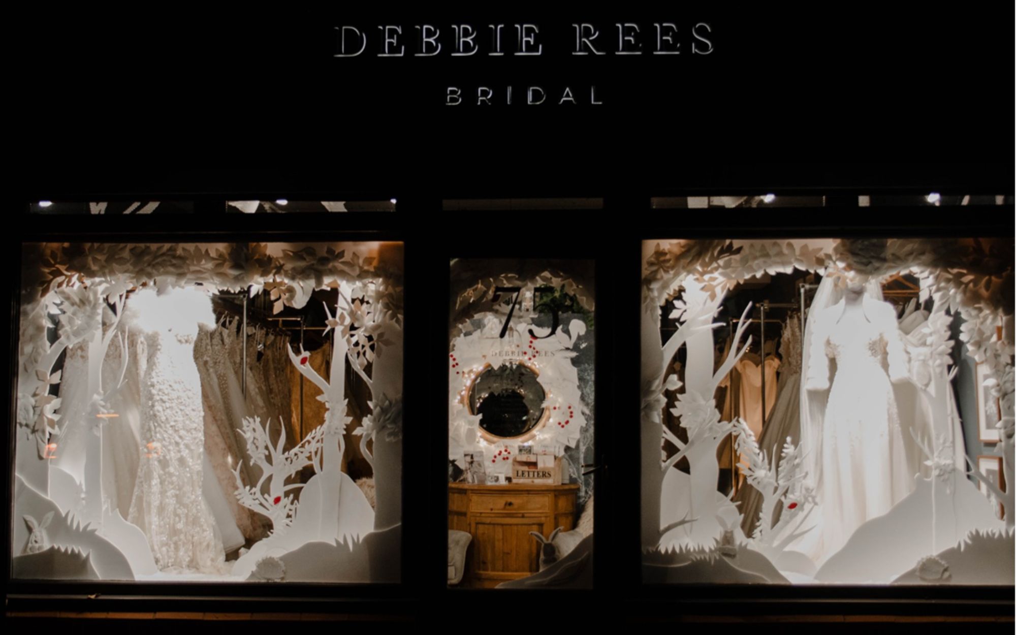 Christmas window display of Debbie Rees Bridal