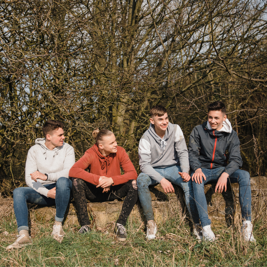 Four teenage boys wearing jeans and hoodies sitting on a log on some grass in front of some trees laughing together