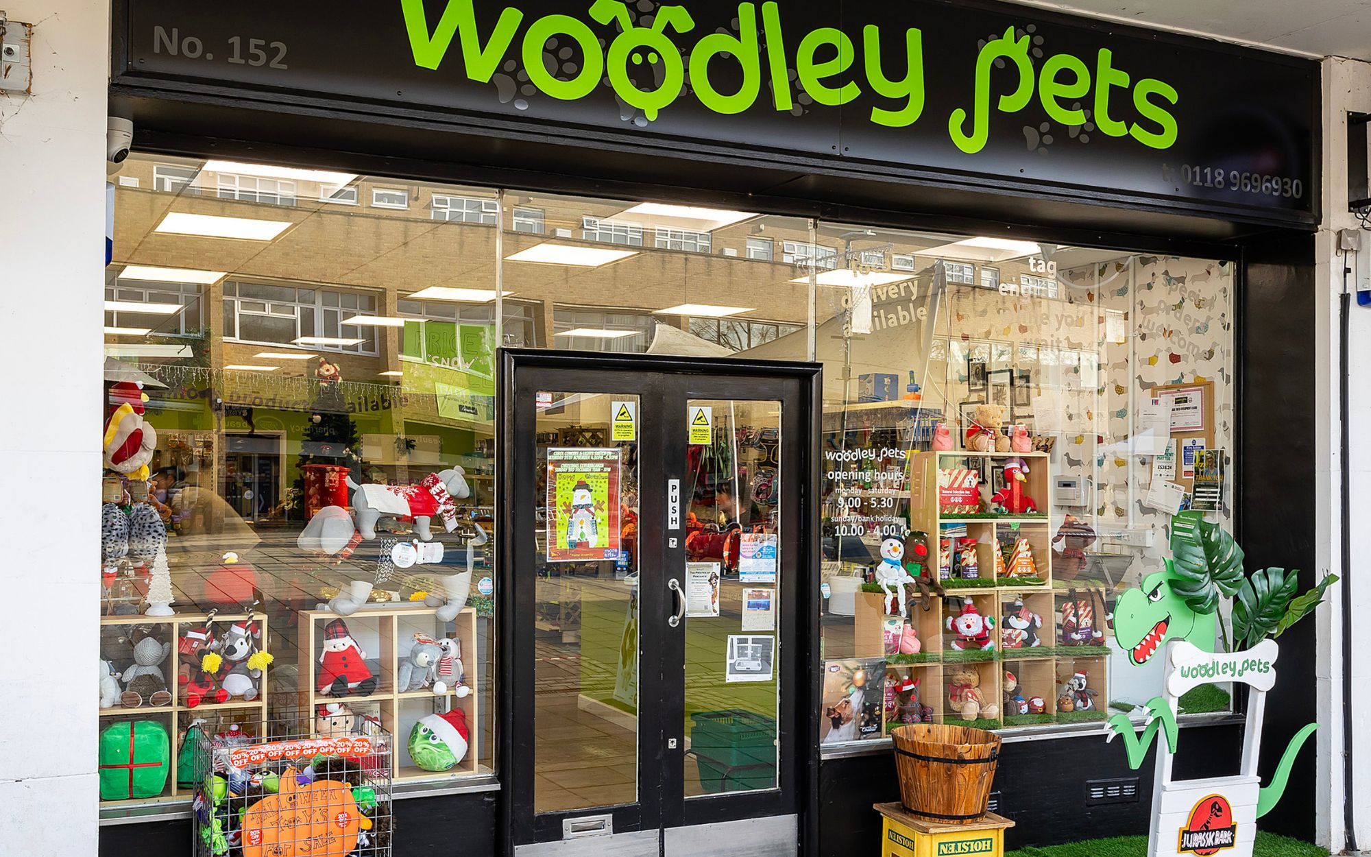 Christmas window display of Woodley Pets