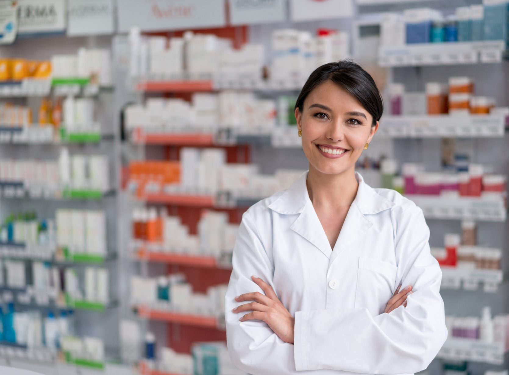 Female pharmacist at a pharmacy counter