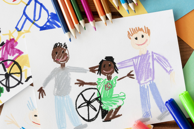 A child's drawing of a child in a wheelchair with two people standing next to it