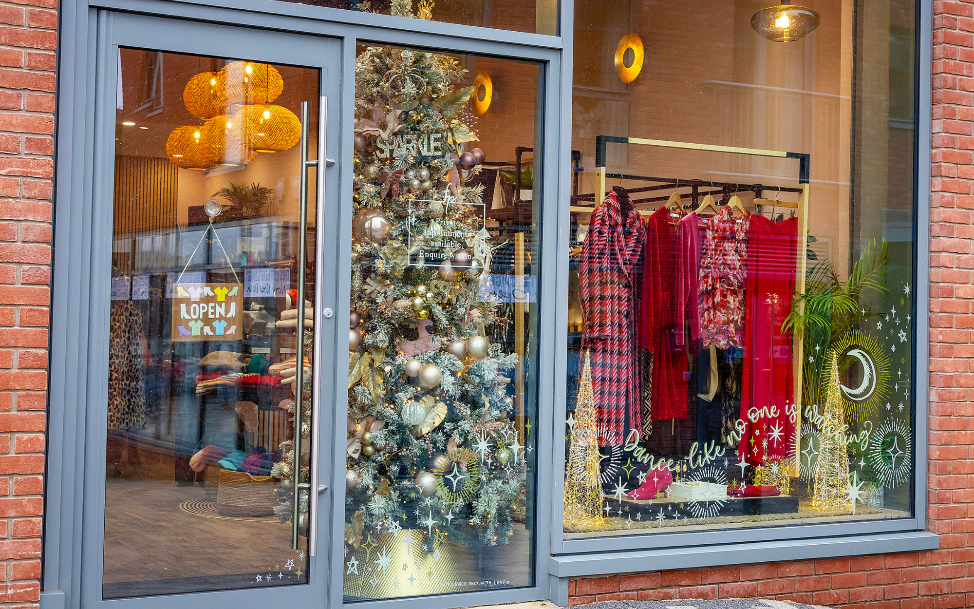 Christmas window display of Fiona Parry Boutique