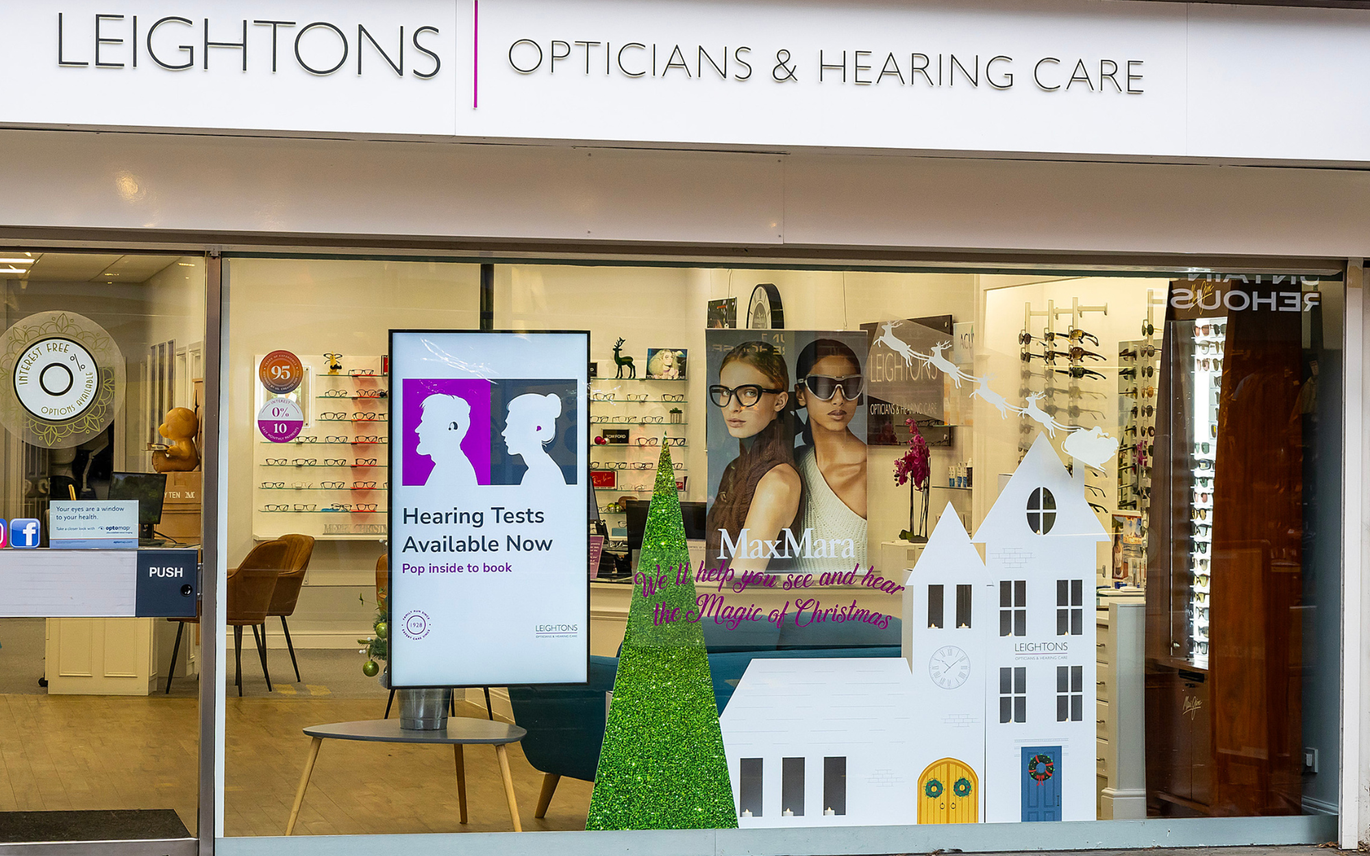 Christmas window display of Leightons Opticians