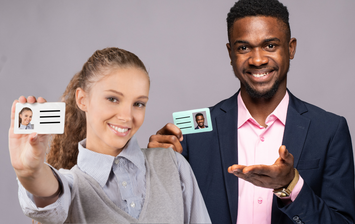 A man and woman showing photographic ID