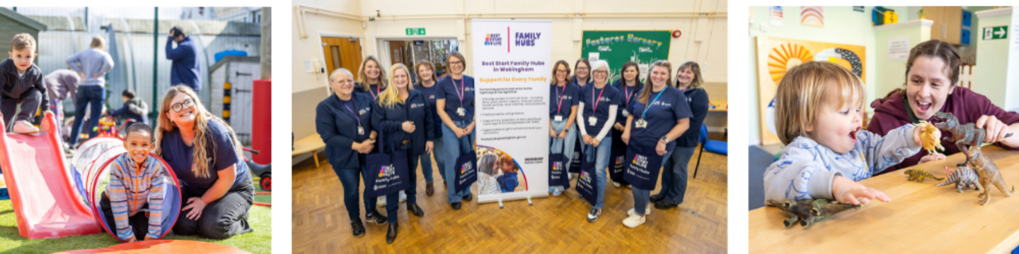 Three images of the new Family Hub in Woodley with children playing and the centre's staff smiling for the camera