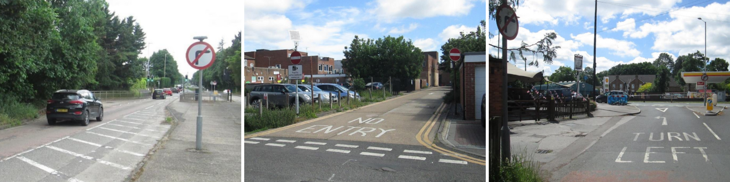 Road signs in the borough (no right hand turn, no entry and buses only)